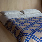 The WAVE blanket in CURIO’s signature balanced chain check is knitted from the finest Merino wool yarn (21 microns) for unparalleled softness and durability. Blanket edges are finished by hand, and the CURIO label affixed to each blanket is embroidered in Central Victoria from Australian cotton and attached by hand.. The blanket is Bright blue with checked pattern throughout and a mushroom base colour