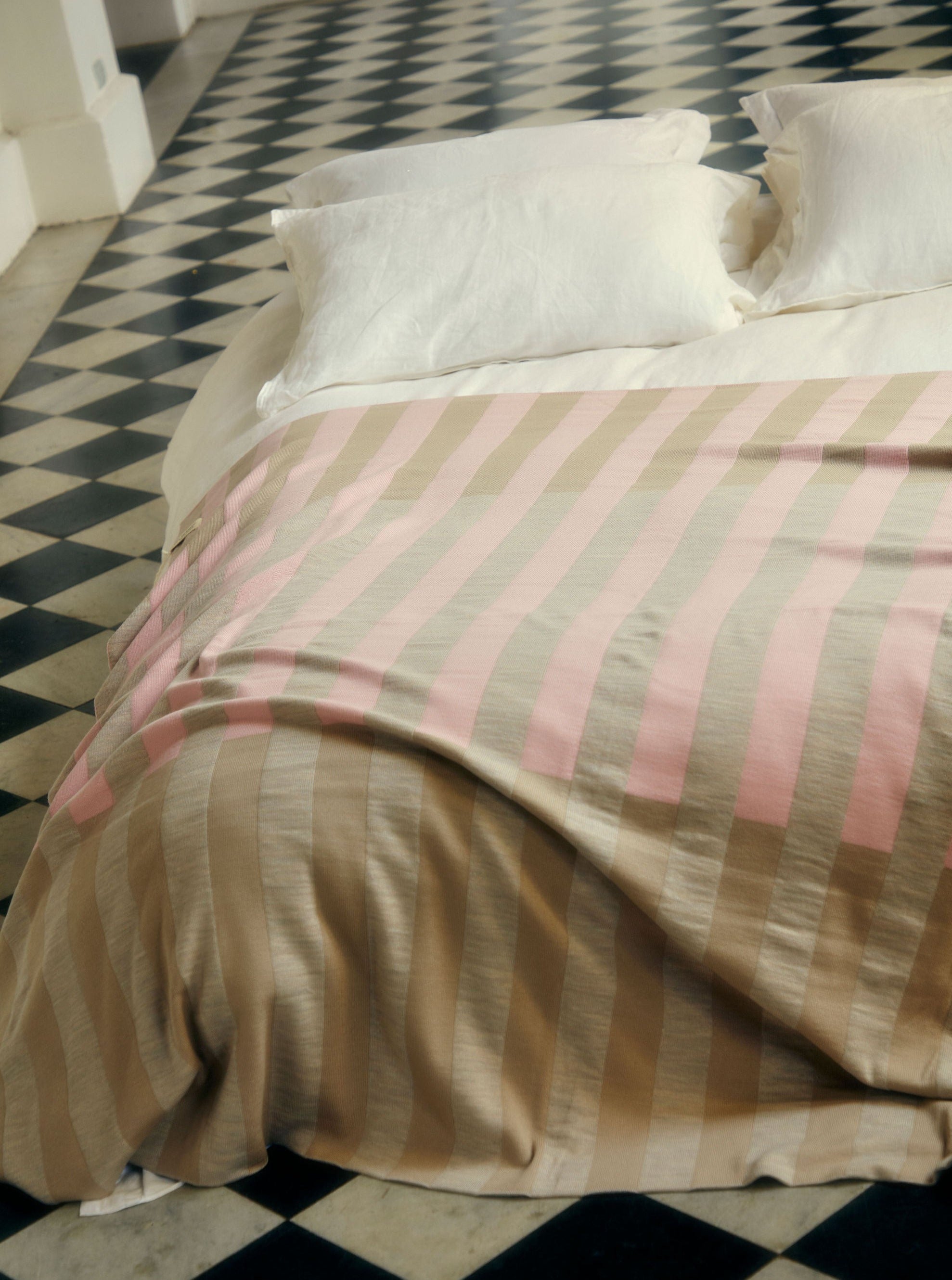Neapolitan Dreamer Stripe merino wool throw lifestyle, Melbourne-made – Curio Practice